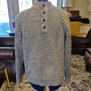 JBHolt From Buckle Mock Turtleneck 4 button Sweater.gray merled Sz XL.(1525A)